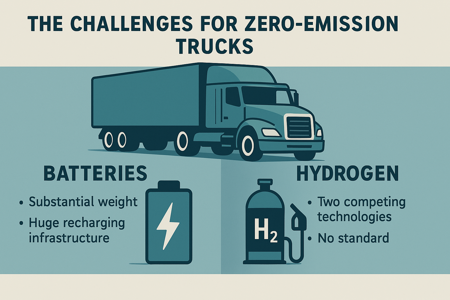 Next year, truck manufacturers will need to supply 9% of trucks sold in California to be zero-emission. But this is tougher than it sounds: Batteries add substantial weight —decreasing payload. Consider an EV Hummer weighs in at 9,000# Batteries demand huge recharging infrastructure and potentially long waits — and today, there is no/limited infrastructure Hydrogen has two competing technologies — no winner yet: Fuel cells Standard internal combustion engines fed with hydrogen Hydrogen has no/limited infrastructure and no standard for things like pressure and nozzle size (Europe plans to have hydrogen every 200 km by 2031).