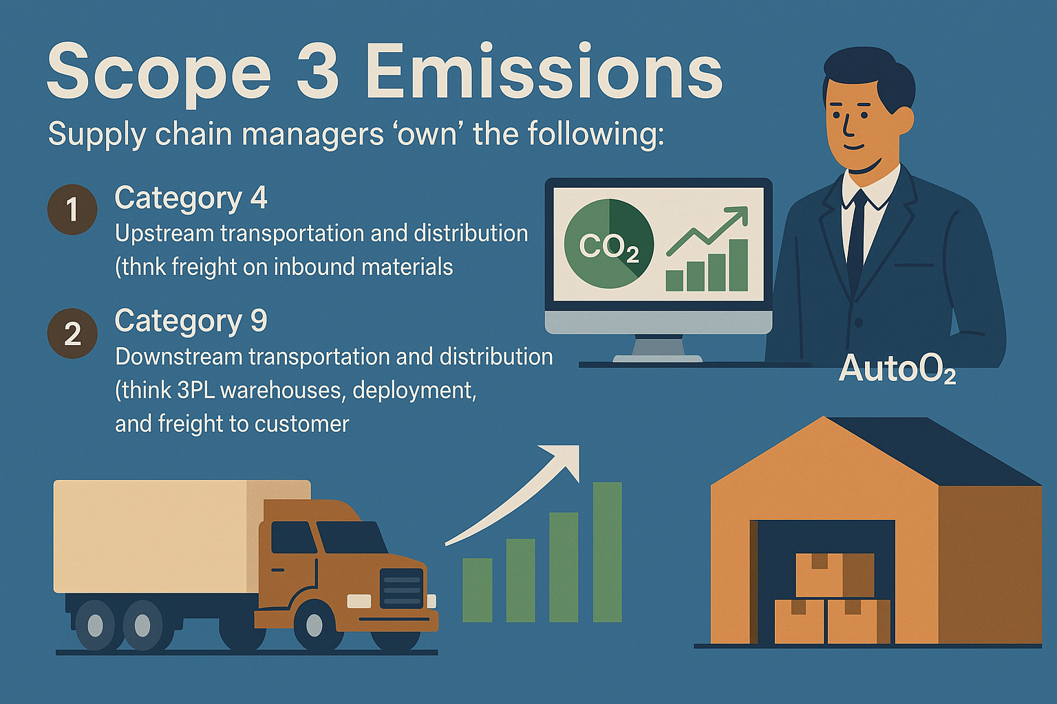 Scope 3 emissions are indirect greenhouse gas emissions — and the supply chain managers “own” the following: Category 4 upstream transportation and distribution—think freight on inbound materials Category 9 downstream transportation and distribution -think 3PL warehouses, deployment, and freight to customer Recognizing the importance of Scope 3 emissions and seeing the need to reduce these emissions, AutoO2 now contains functionality to show progress in cost reduction  and CO₂ savings:
