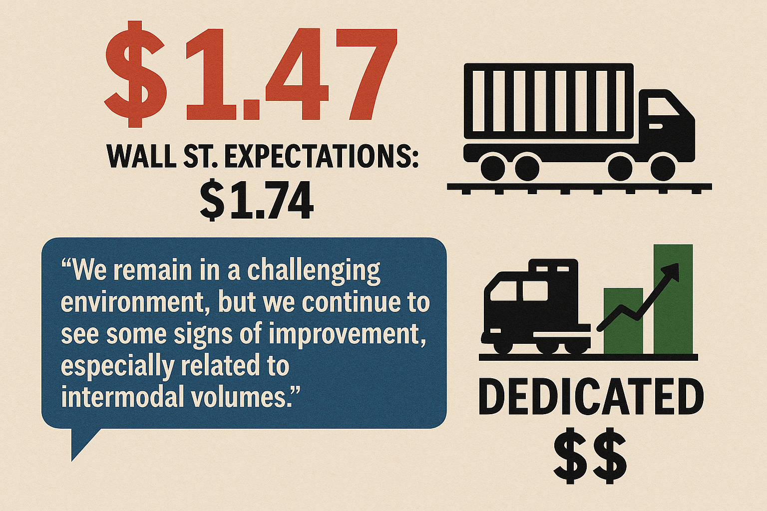 JBH earnings/share were $1.47, missing what Wall St. predicted would be $1.74. Some one-time costs, including one (they hope) related to insurance and another a function of losses on equipment sales. “We remain in a challenging environment, but we continue to see some signs of improvement, especially related to intermodal volumes.”PastedGraphic-3 (2) Dedicated continues to print $$. Companies with these contracts might want to renegotiate carefully. See this gem: “Productivity [ ] increased 3% from a year ago driven by increases in contracted indexed-based price escalators”. Volume was down 3%, and income up 8%.