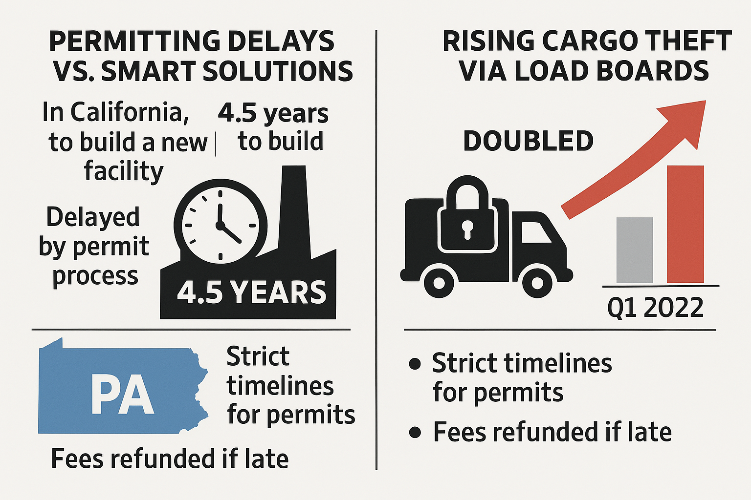 🏗️ Permitting Delays vs. Smart Solutions In California, a major retailer waited 4.5 years to go from project start to receiving the keys for a new facility—largely due to permit delays. Meanwhile, Pennsylvania is flipping the script: ⏱️ Strict timelines for permit approvals across all state agencies 💸 Refunds for permitting fees if timelines aren’t met 📉 The PA EPA has reduced its backlog by 41% An example of how policy innovation can accelerate infrastructure development.
