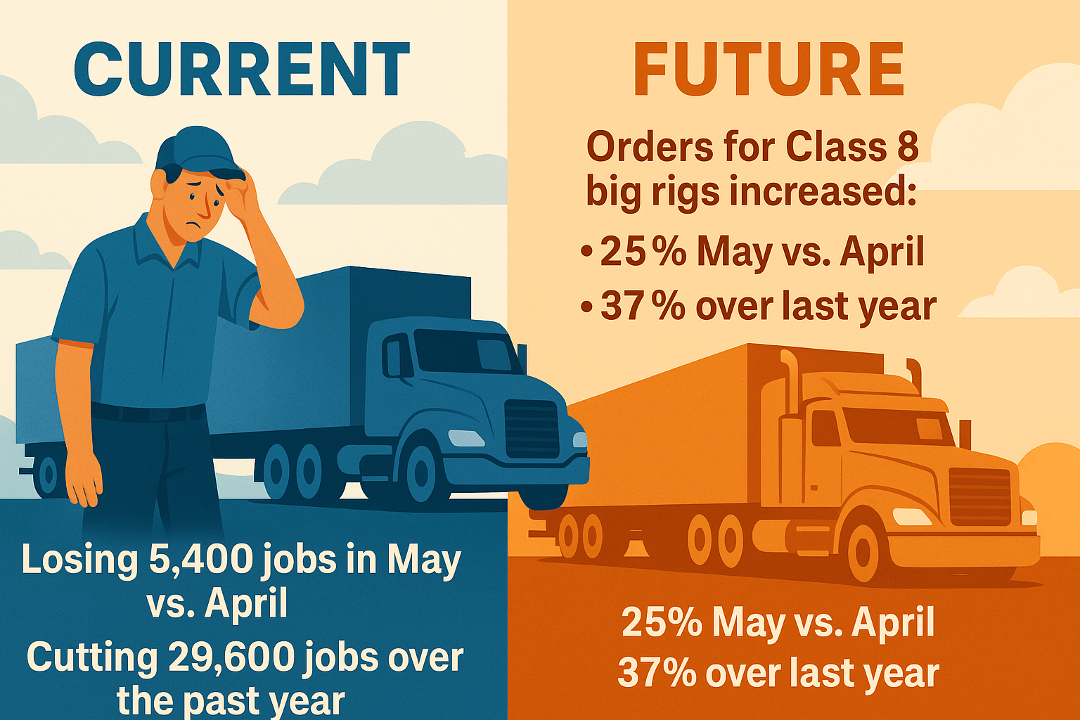 Current trucking capacity is contracting: Loosing 5,400 jobs in May vs. April (Seasonally adjusted) Cutting 29,600 jobs over the past year. But future capacity is rising as orders for Class 8 big rigs increased: 25% May vs. April 37% over last year Our client for 32 years, P & G, talked about end-to-end supply chain management initiatives to cut costs: Leveraging retailer delivery fleets to cut deadhead miles Automatic truck unloading Driverless trucks.