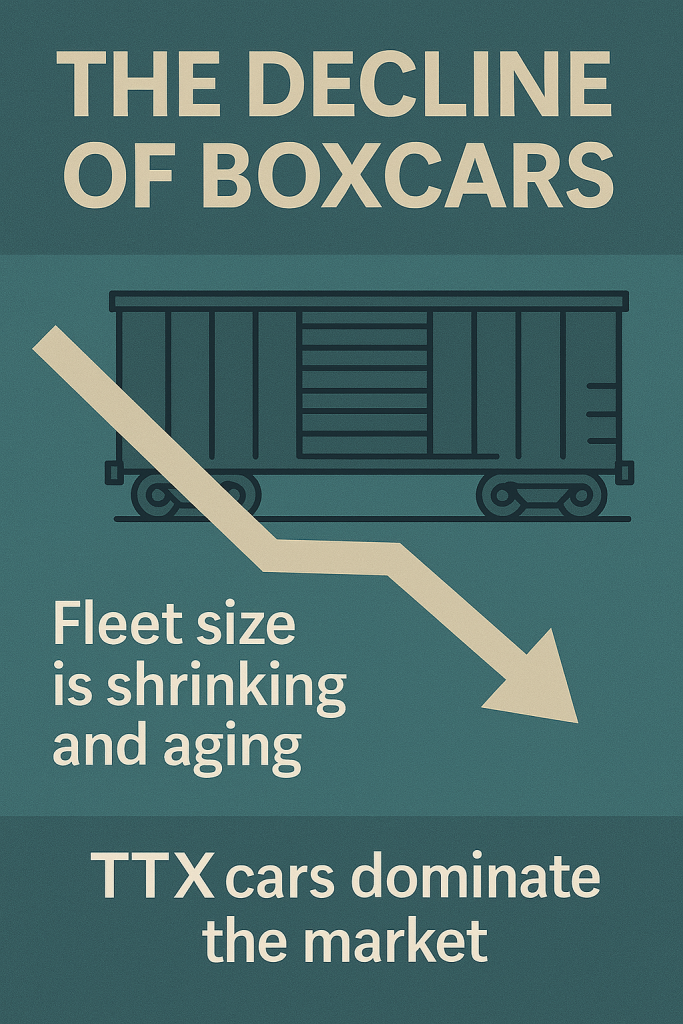 The fleet of boxcars is declining and will continue to get smaller as more boxcars reach the end of their 50-year useful life. One company, TTX, owned by the major railroads, is building some cars, but others have been frightened off by what could only be described as “restrictive pricing.” The rate for non-TTX cars is the lowest negotiated rate in effect for the quarter in which the car was built.  This rule started in 1994 with the ICC and has been carried forward. Any two railroads can agree on an ultra-low rate for a car Result:  Cars owned by TTX get ~4X the monthly revenue of investor-owned cars Who is hurt? — Shortlines, users, you and I.