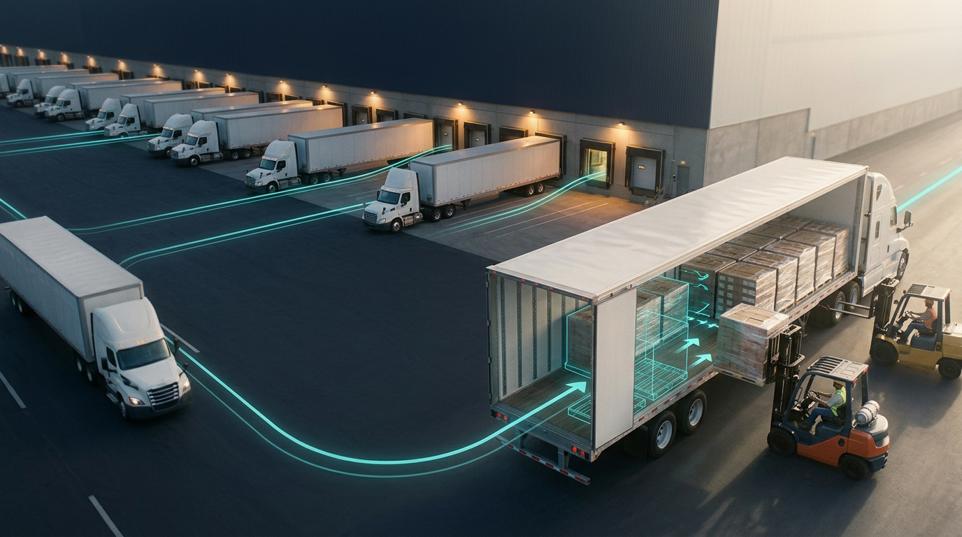 Trucks staged at a distribution center dock, representing the on-time and in-full shipping challenge OTIF measures