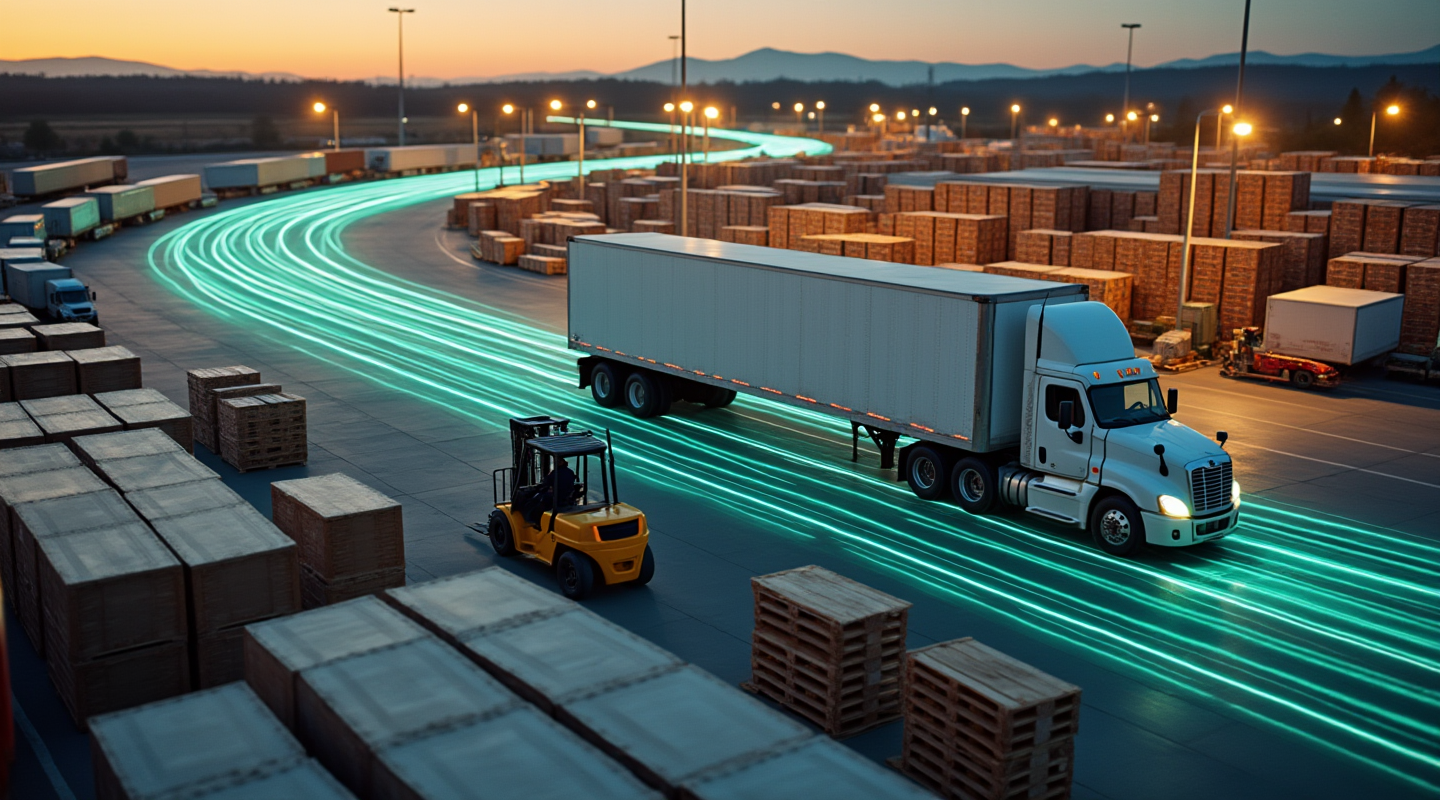 Warehouse dock doors with trucks loading and unloading, representing coordinated on-time and in-full execution